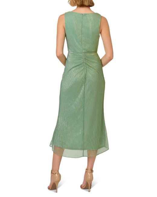 Adrianna Papell Green Nailhead Metallic Crinkle Plissé Midi Dress