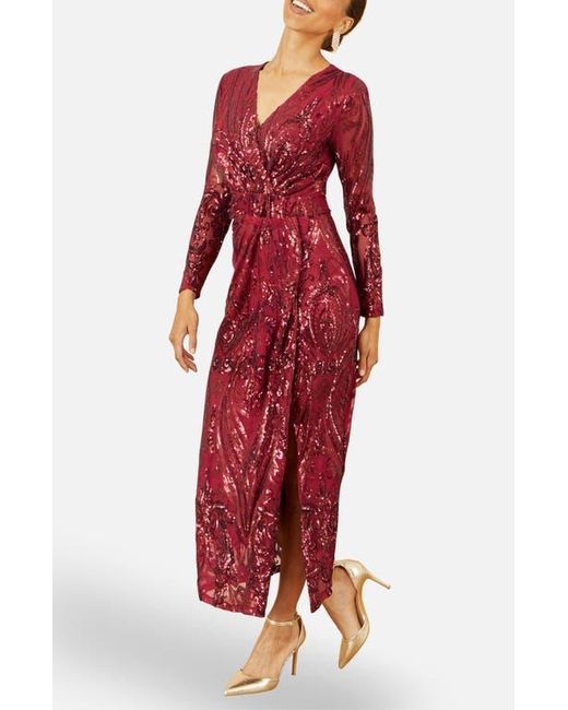 Yumi' Red Sequin Midi Long Sleeve Wrap Dress