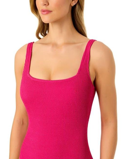 Anne Cole Pink Textured Classic Square Neck One Piece Swimsuit