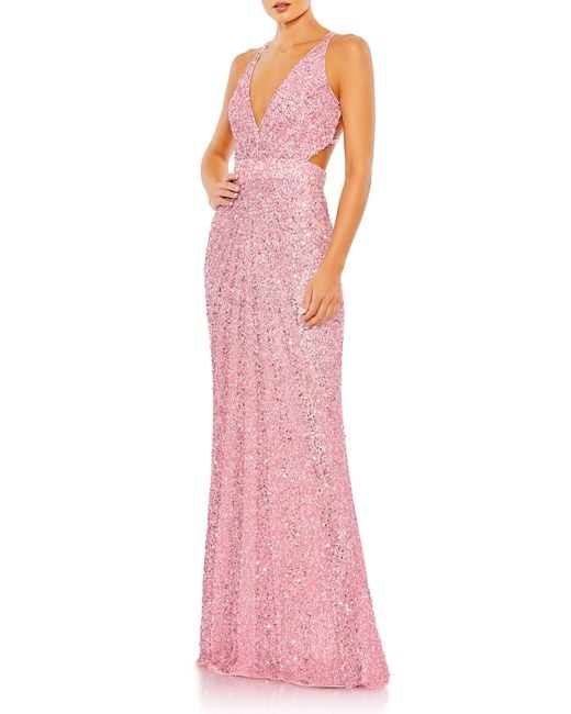 Mac Duggal Pink Sequin Strappy Back A-line Gown