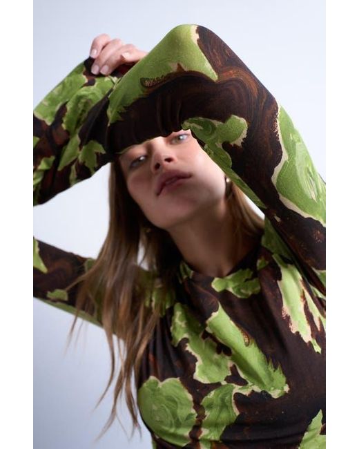 TOPSHOP Green Abstract Floral Asymmetric Neck Top