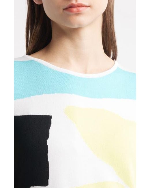 Ming Wang Blue Abstract Colorblock A-Line Sweater Dress