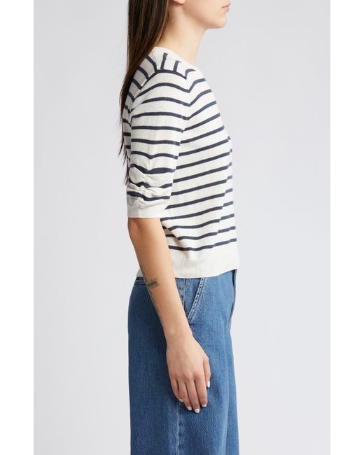 FRAME White Stripe Ruched Sleeve Sweater
