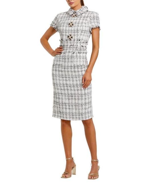 Mac Duggal White Fitted Boucle Short Sleeve Button Up Midi Dress