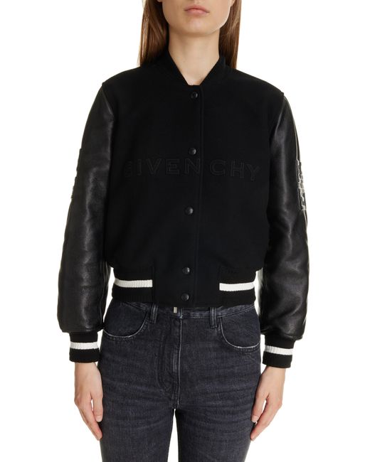 Givenchy Black Regular Fit Leather & Wool Blend Crop Varsity Jacket