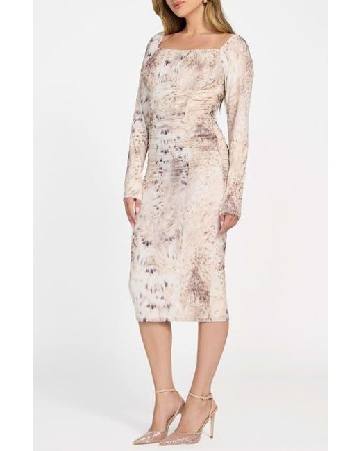 Marciano Holly Drape Long Sleeve Body-Con Dress in Natural | Lyst