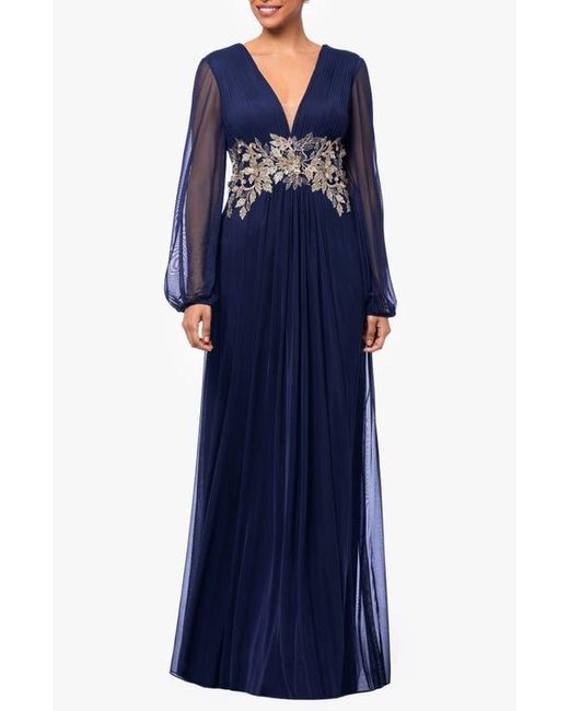 Betsy & Adam Blue Metallic Floral Appliqué Long Sleeve Gown