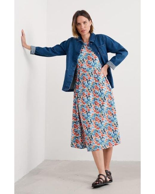 Seasalt Cornwall Blue Veronica Print Stretch Organic Cotton Midi Dress