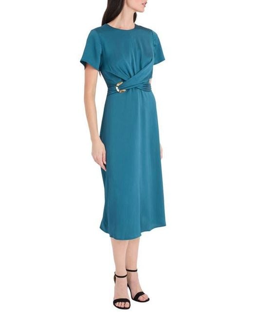 Maggy London Blue Buckle Detail Hammered Satin Midi Dress