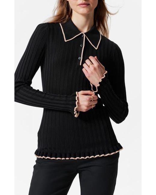& Other Stories Black Tipped Ribbed Ruffle Trim Polo Sweater