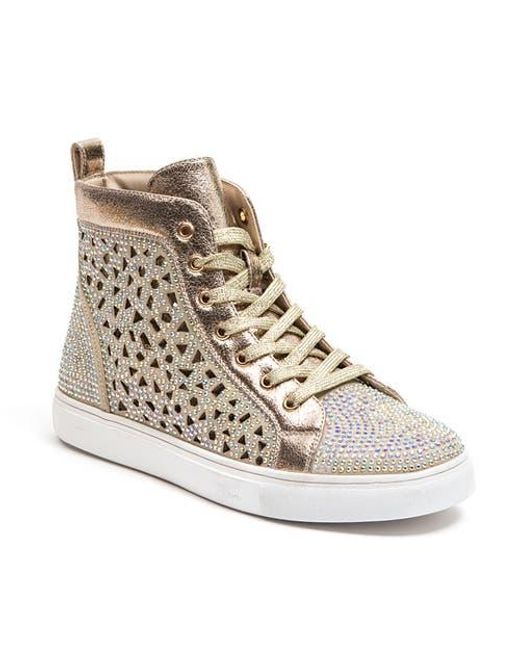 Lady Couture White Laser Cut High Top Sneaker With Rhinestones