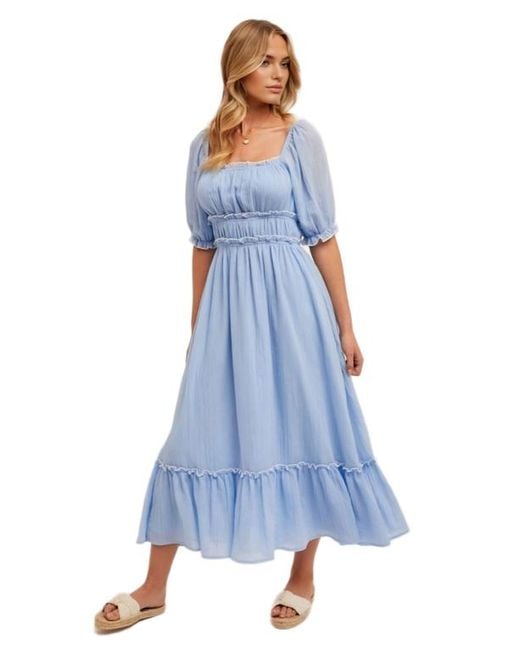 Knit & Lounge Blue Puff Sleeve Square Neck Midi Dress With Tiered Skirt And Ruffle Trim