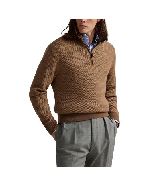 Polo Ralph Lauren Brown Textured Wool Quarter Zip Sweater for men