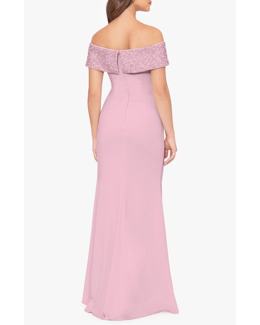 Betsy & Adam Pink Bead Detail Off The Shoulder Scuba Crepe Sheath Gown