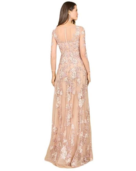 LARA New York Natural Long Flutter Sleeves Beaded Dress