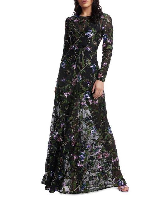 Dress the Population Black Ava Sequin Floral Long Sleeve A-Line Gown