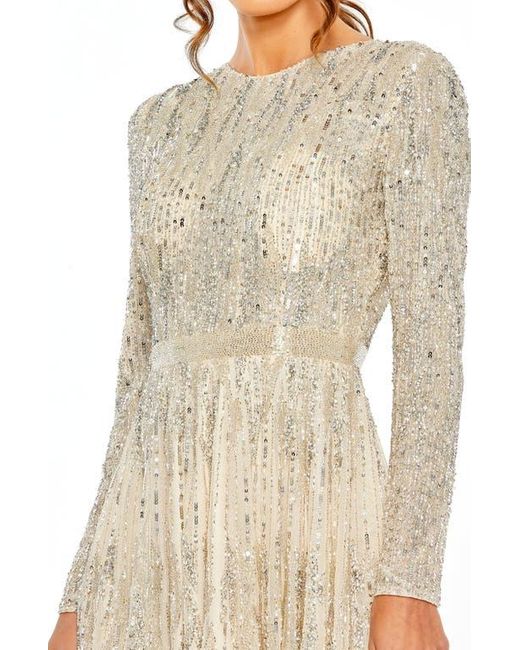 Mac Duggal Natural Sequin High Neck Long Sleeve A Line Dress