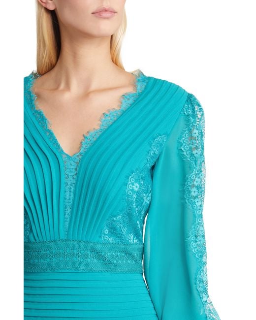 Tadashi Shoji Blue Lace Pintuck Long Sleeve Cocktail Dress