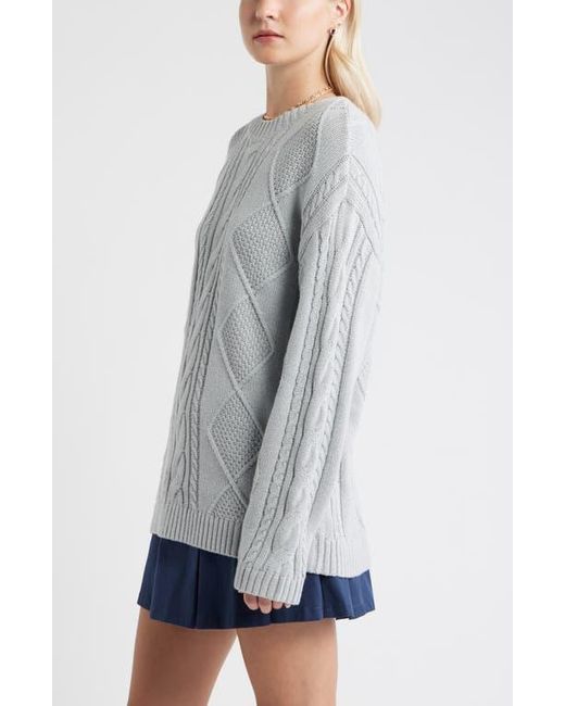 BP. Gray Cabled Oversize Cotton Blend Crewneck Sweater