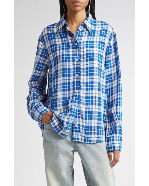 Proenza Schouler Blue Bronwen Plaid Hammered Viscose Button-Up Shirt