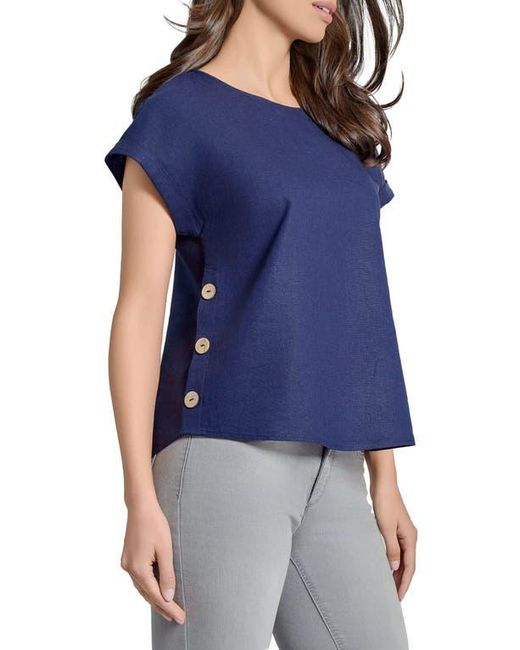 Jones New York Blue Side Button Detail Linen Blend Top
