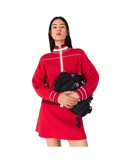Maje Red Zipped Cardigan With Elastic Waist