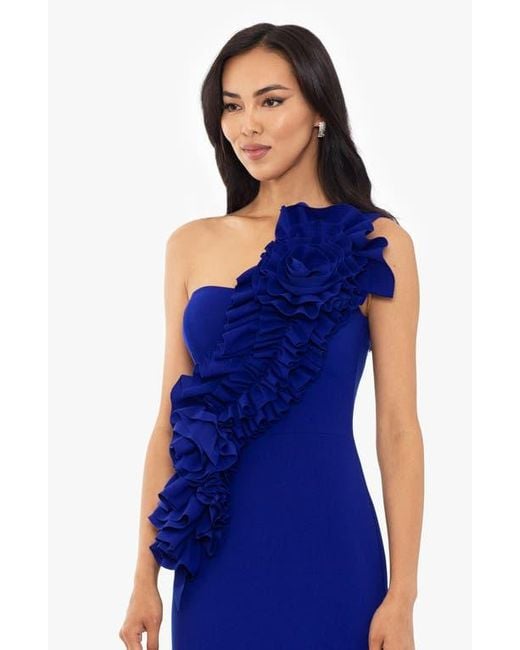 Betsy & Adam Blue Rosette One-Shoulder Trumpet Gown