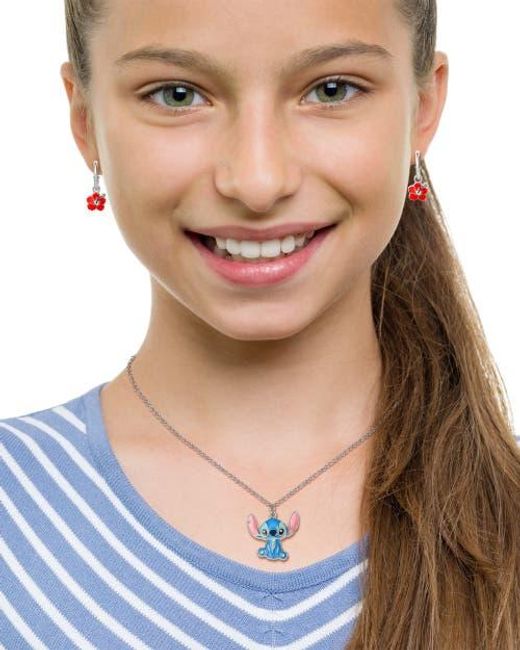 Disney White Lilo & Stitch Jewelry Set, Flower Charm Hoop Earrings, 16+3 Necklace