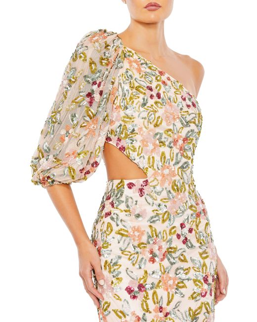 Mac Duggal Metallic Floral Sequin Cutout One-shoulder Gown
