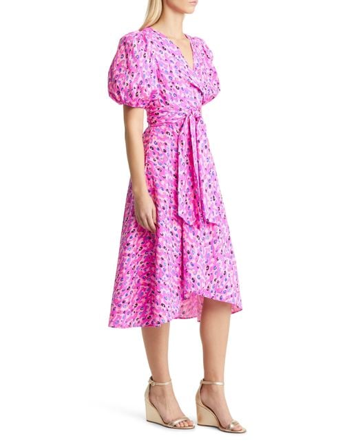 Lilly Pulitzer Pink Juney Puff Sleeve Faux Wrap Midi Dress