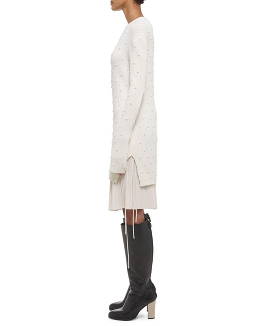 Helmut Lang White Beaded Rib Long Sleeve Organic Cotton Sweater Dress