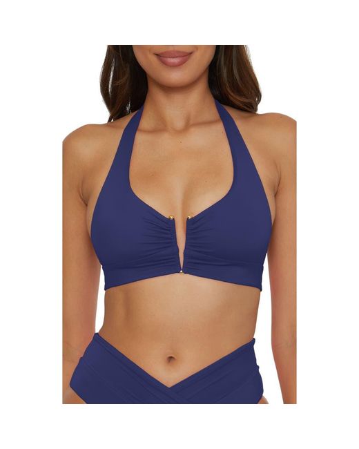 Becca Blue Shirred V-Wire Halter Bikini Top