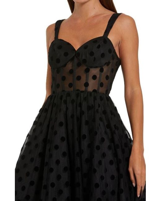 Mac Duggal Black Polka Dot Net Bustier A-Line Midi Dress