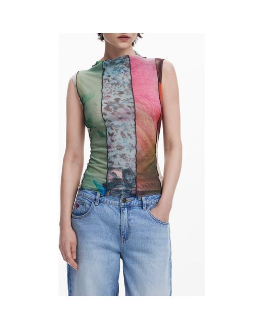 Desigual Blue Mixed Print Mesh Tank