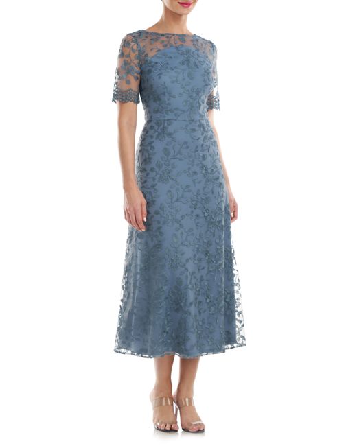 JS Collections Blue Theresa Embroidered Floral Midi A-line Dress