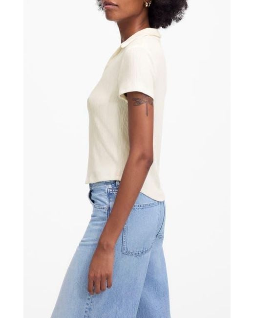 Madewell White V-Neck Rib Polo Top