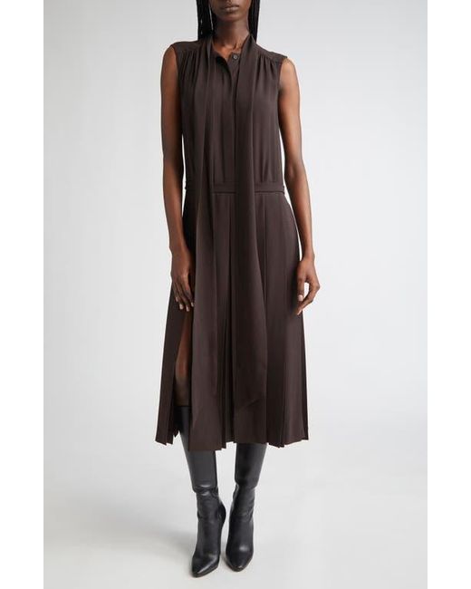 Michael Kors Brown Pleated Tie Neck Sleeveless Silk Shirtdress