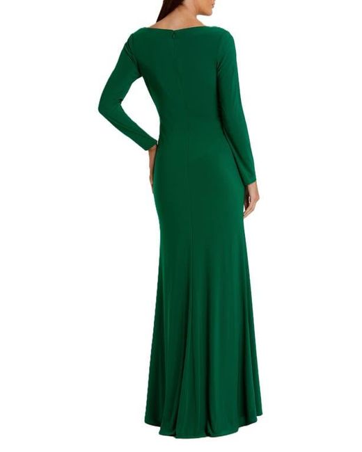 Mac Duggal Women's Green Long Sleeve Ruched Jersey V-Neck Gown