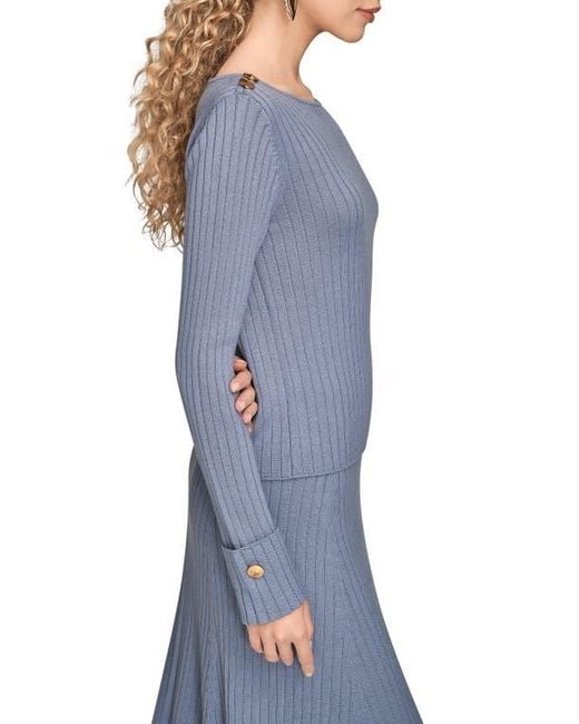 Donna Karan Blue Button Shoulder Boat Neck Rib Sweater