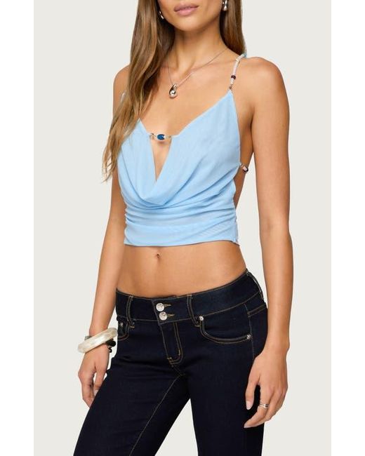 Edikted Blue Beaded Cowl Neck Backless Crop Top