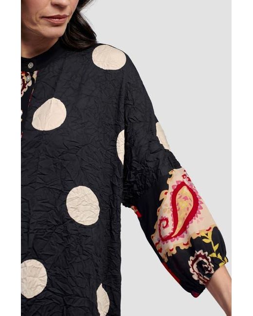 Alembika Black Polka Dots Mixed Print Tunic With Mandarin Collar