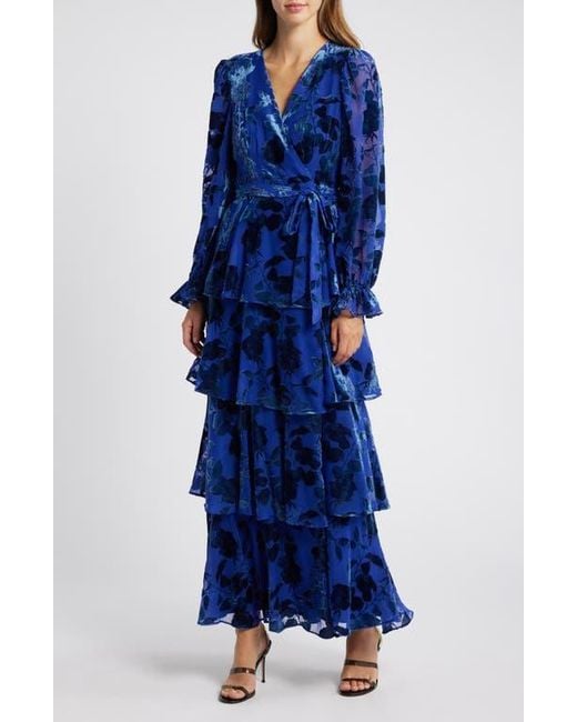 floral burnout velvet midi dress hutch New Anthropologie Hutch Long-Sleeve Velvet Wrap Maxi Dress Burnout Navy MP NWT