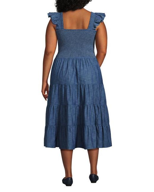 Lands' End Blue Chambray Smocked Dress With Ruffle Straps