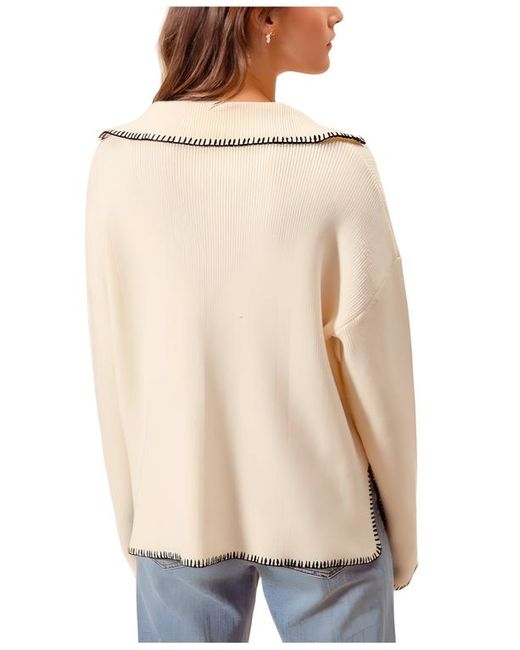 Knit & Lounge Natural Ribbed Long Sleeve V-Neck Pullover With Contrast Trim