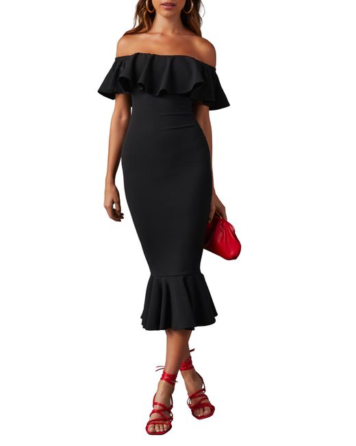 Vici Collection Black Havana Double Ruffle Off The Shoulder Midi Dress