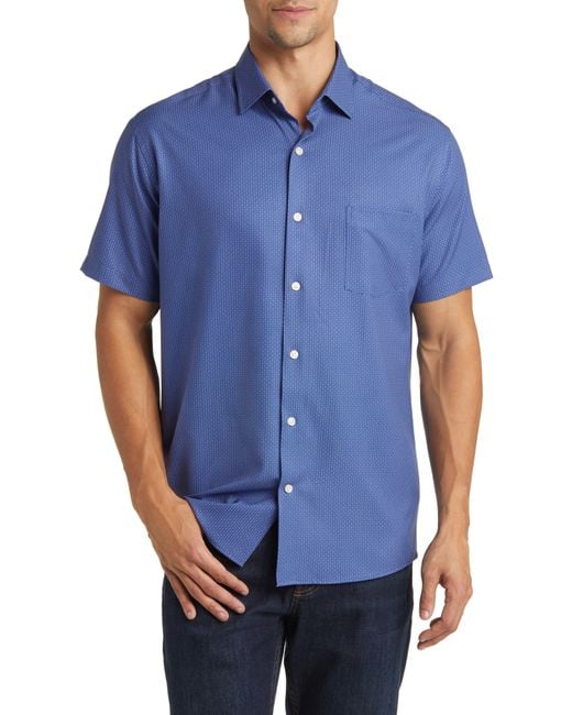 Peter Millar Blue Bloques Print Performance Poplin Short Sleeve Button-up Shirt for men