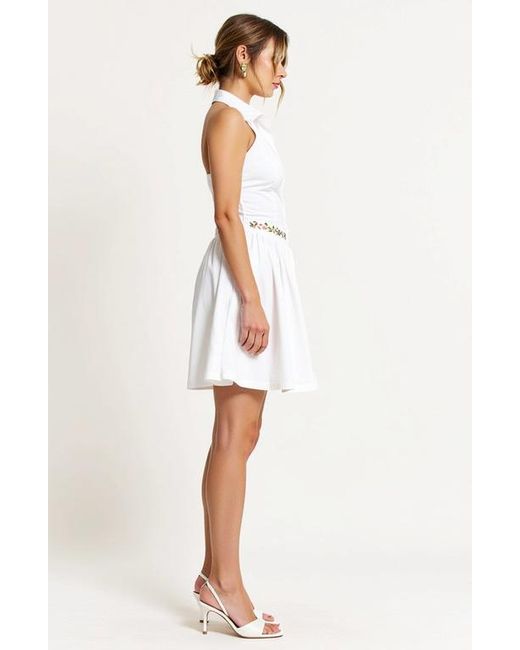 Modenaire White Embroidered Waist Button-Front Halter Mini Dress With Smocked Open Back