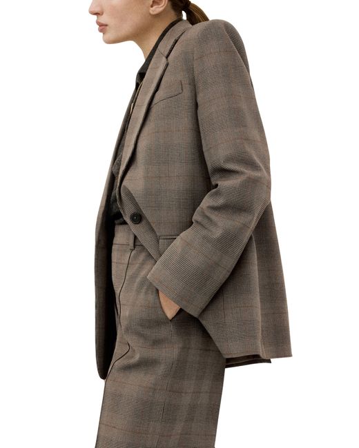 Mango Brown Check Print One-Button Blazer
