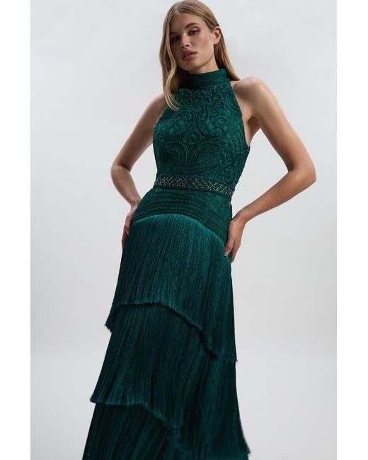 Karen Millen Green Beaded Halter Neck Woven Maxi Dress