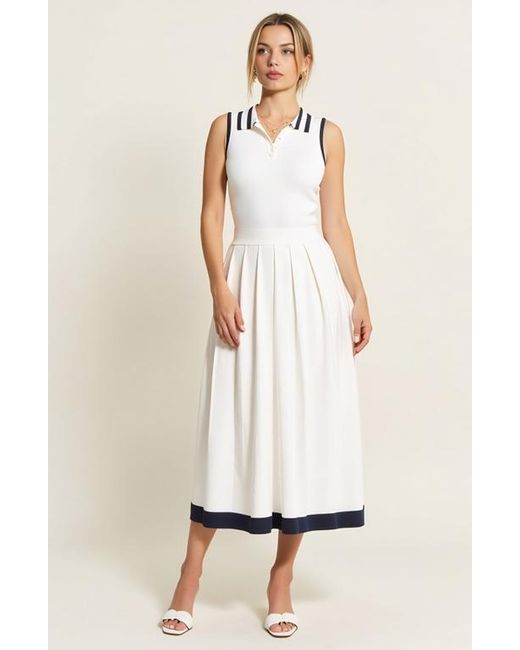 Modenaire White Sleeveless Knit Midi Dress With Contrast Collar And Hem Detail